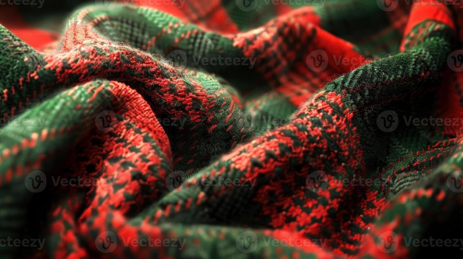 Immerse in the elegance of textured tartan fabric with intricate red and green patterns photo