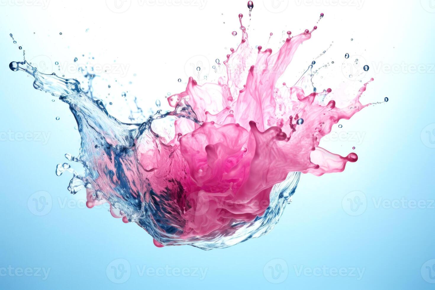 Vibrant explosion of color, pink and blue paint splash captured in mid-air photo