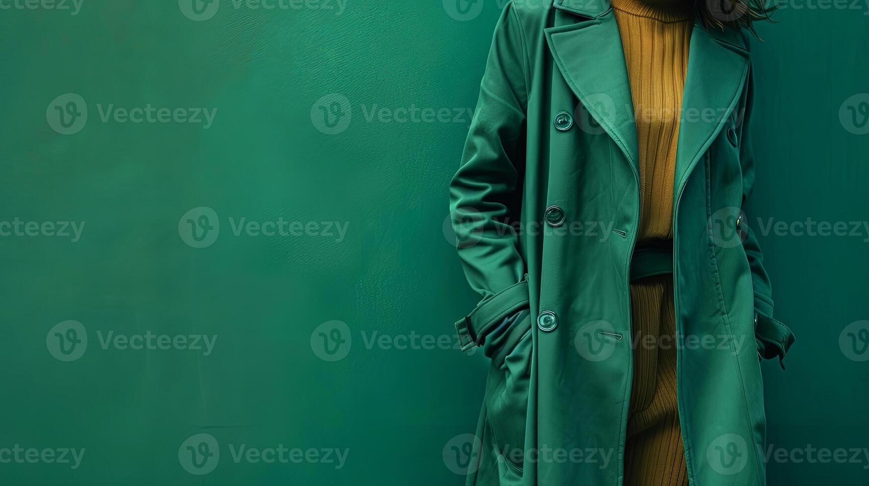 A teal trench coat paired with an earthy brown dress for a perfect fashion statement photo