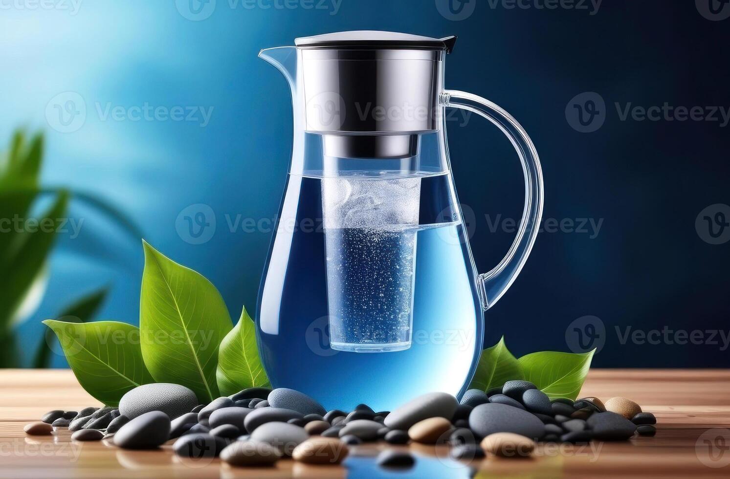 A sleek glass water pitcher with an integrated filter sits among smooth stones and fresh green leaves photo