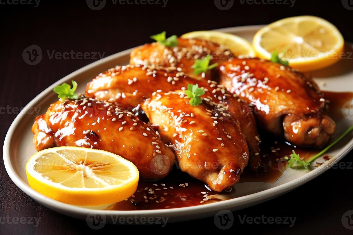 Succulent teriyaki-glazed chicken garnished with sesame seeds and fresh lemon slices photo