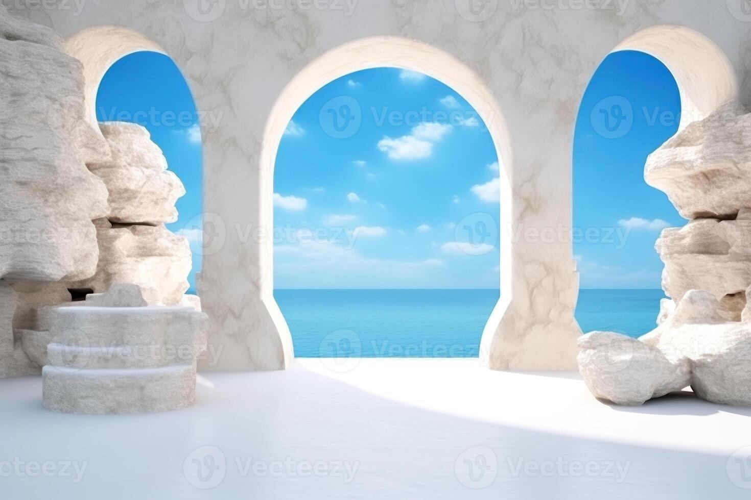 Escape to serenity with this tranquil seascape view through arched windows photo
