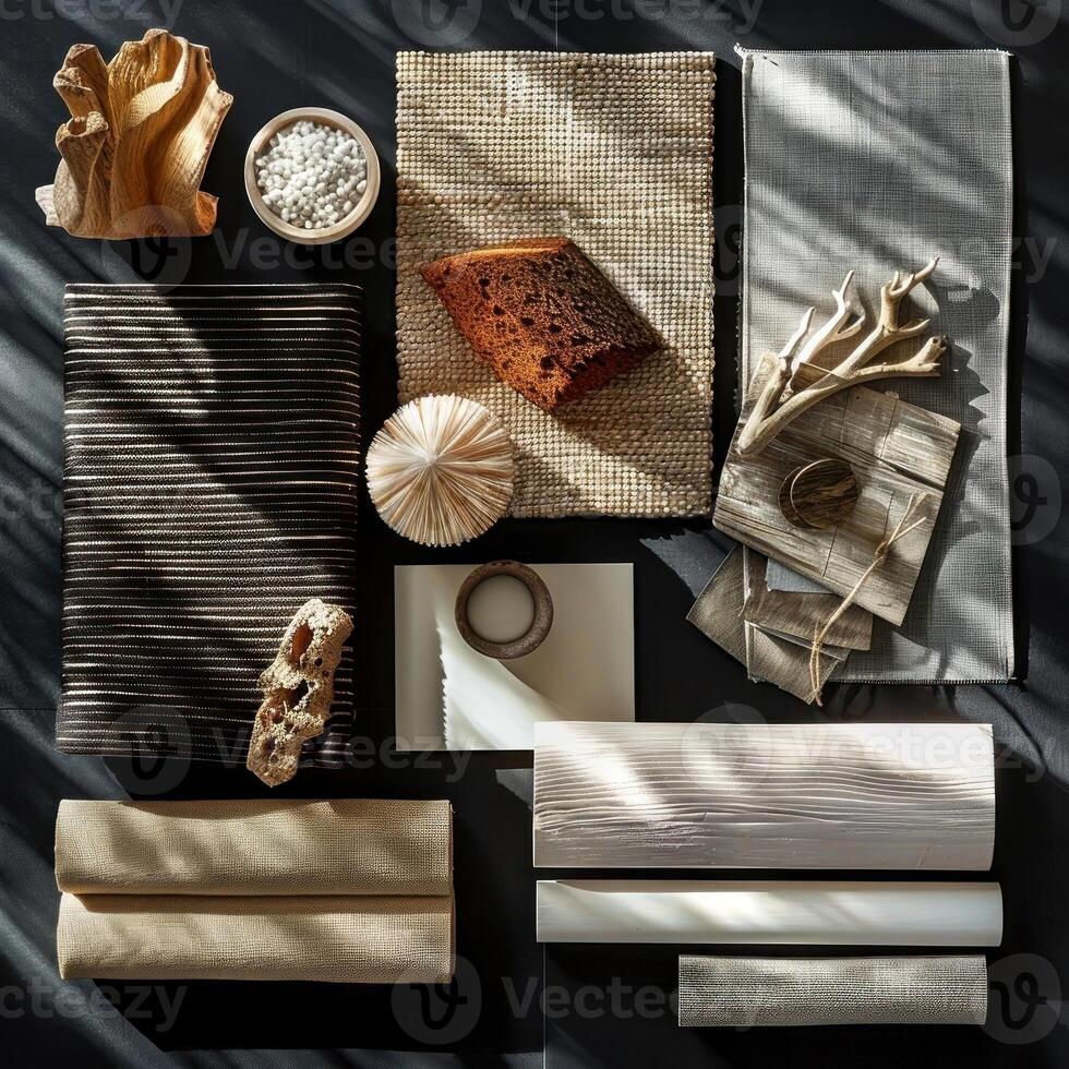 Elegant flatlay showcasing natural textures and earthy tones with artistic objects photo
