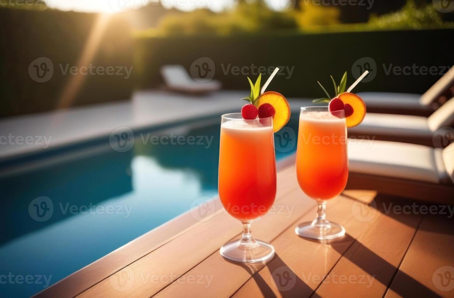 Savor the serenity of sunset with refreshing poolside cocktails, garnished with fruit slices and a serene backdrop photo
