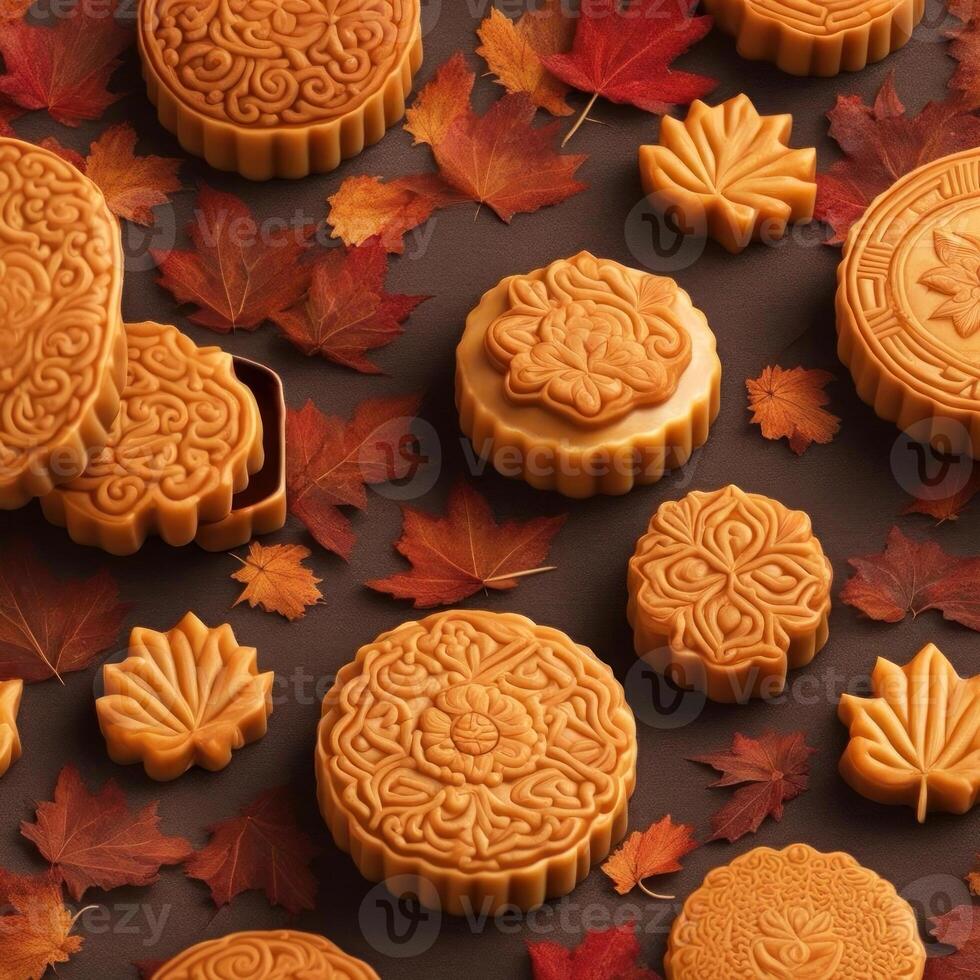 Discover the elegance of autumn with intricate mooncakes surrounded by vibrant fall leaves photo