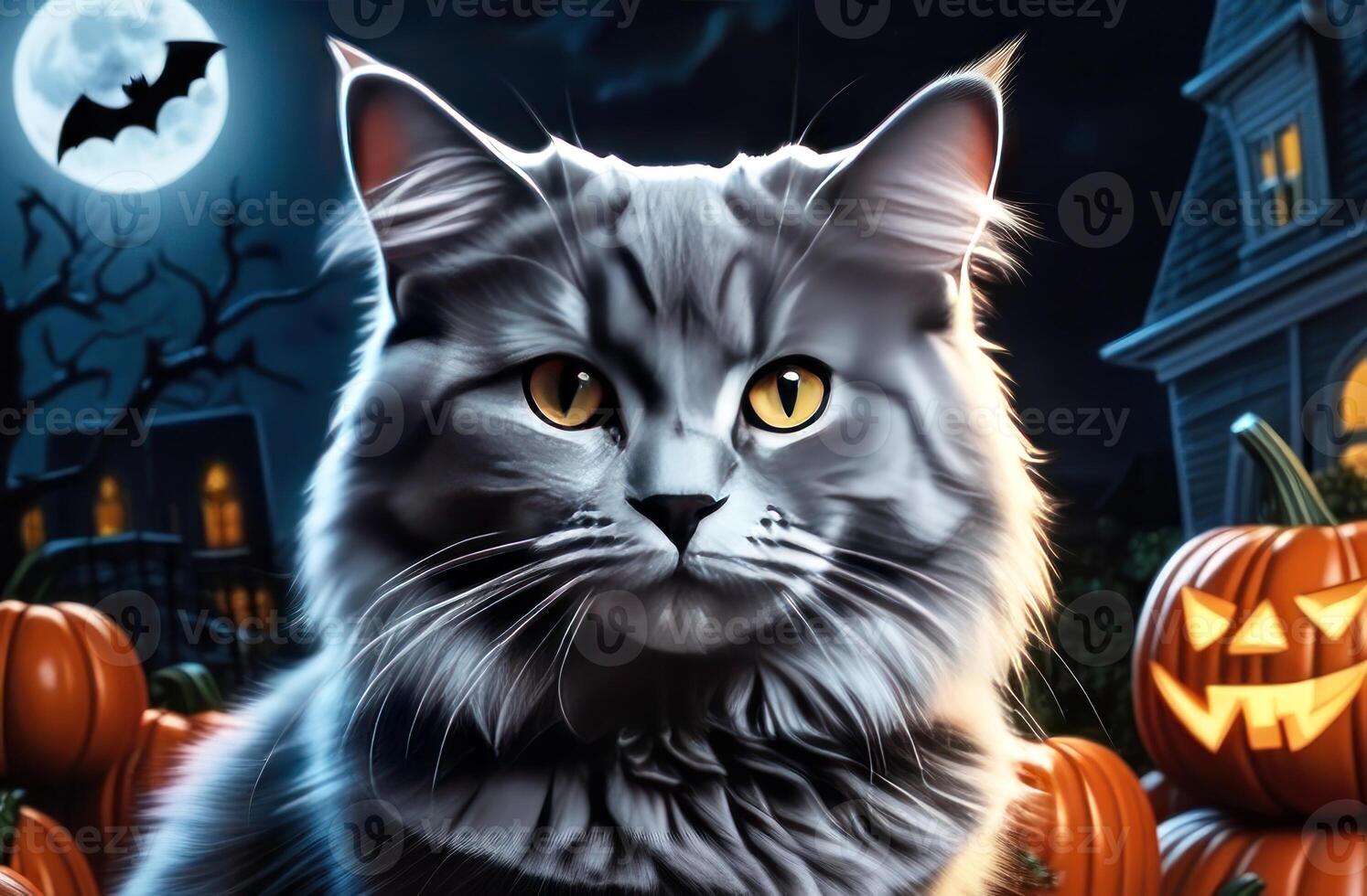 Experience spooky vibes with this realistic cat, set against a haunted Halloween backdrop photo