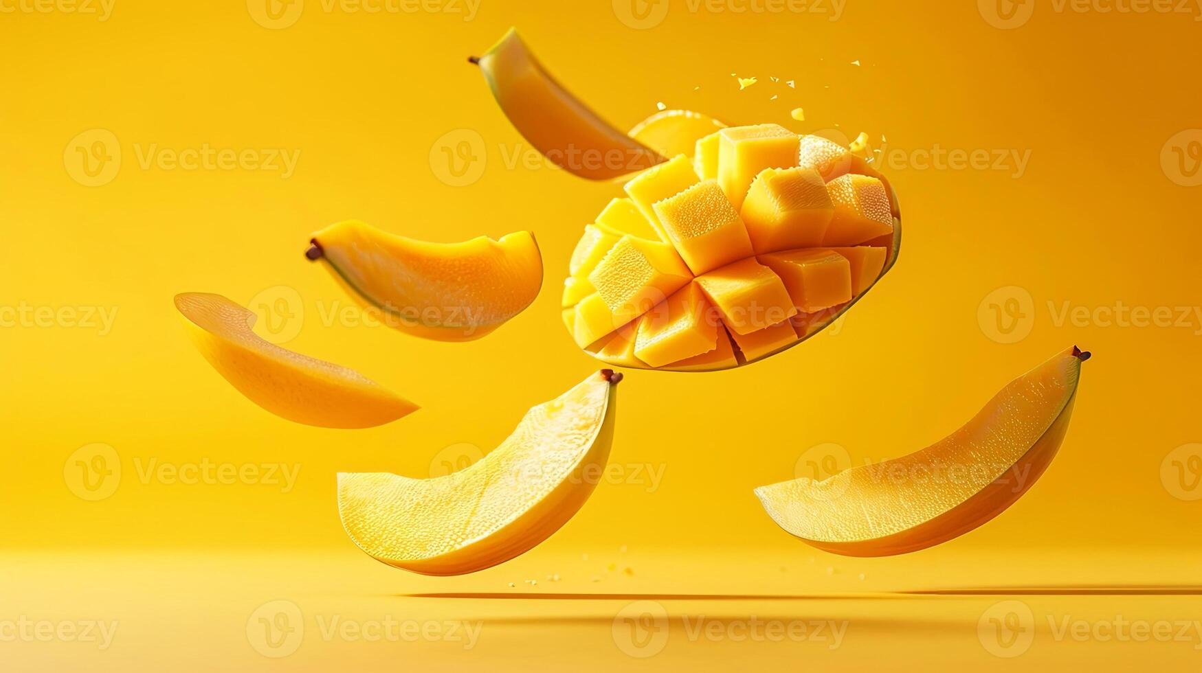 Vibrant and juicy mango slices artistically floating in mid-air, showcasing their fresh photo