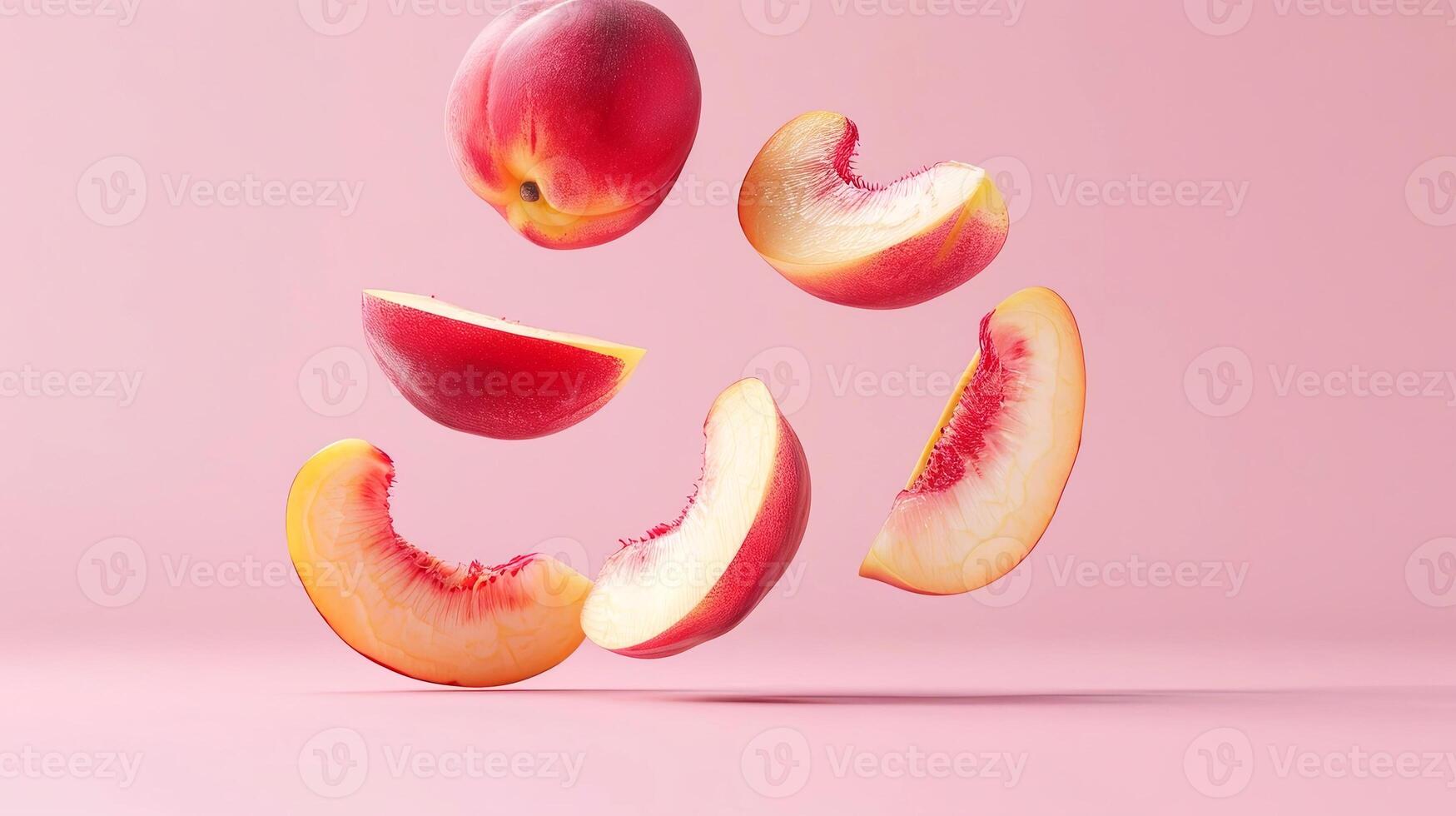 Enjoy this captivating visual of floating peach slices against a minimalist pastel backdrop photo