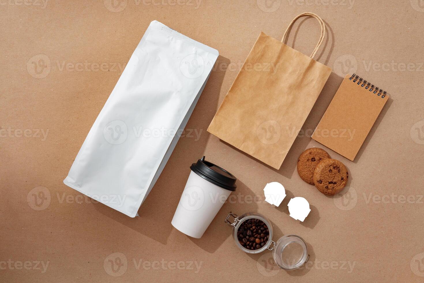 Coffee identity branding mockup set top view flat lay photo