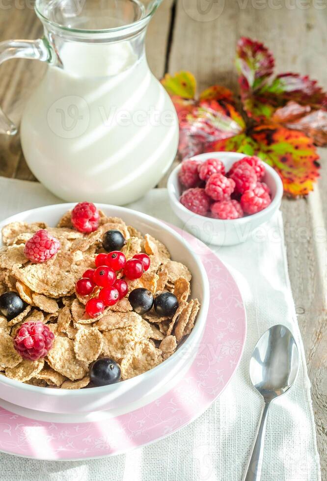 Wholegrain granola with milk and fresh berries photo