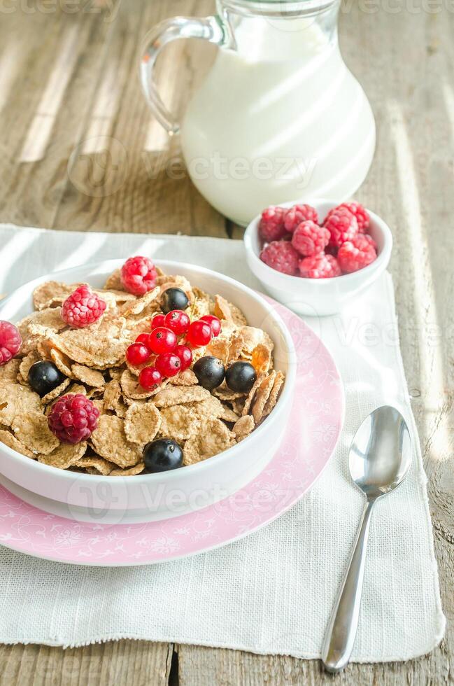 Wholegrain granola with milk and fresh berries photo