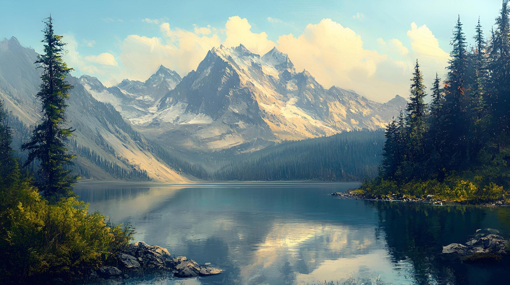 A beautiful river landscape between mountains and clouds. photo