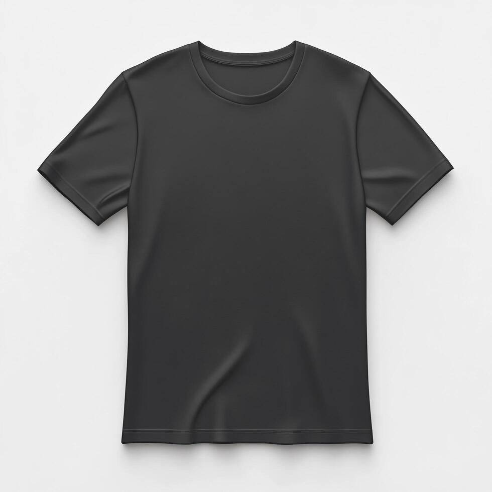 A realistic mockup of a black T-shirt displayed from the front view, isolated on a clean white background. The T-shirt features a classic. photo