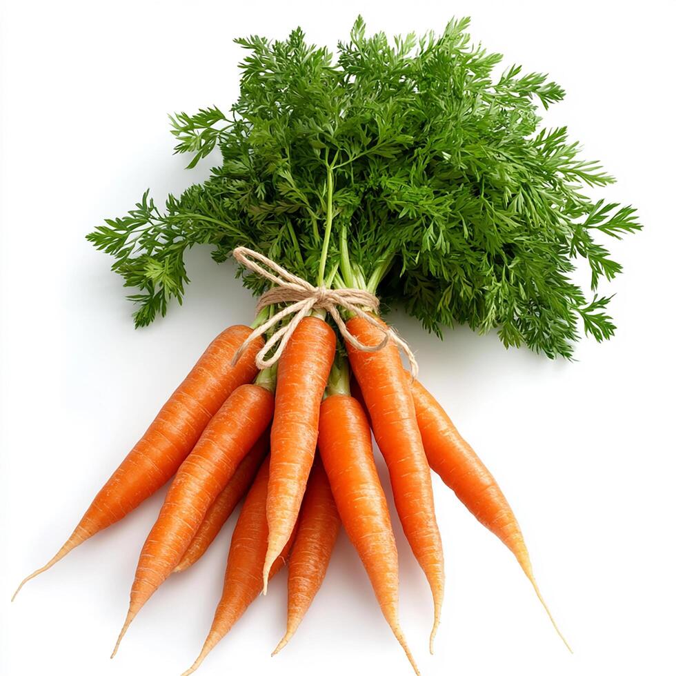 Create an image of a fresh bunch of carrots, isolated on a clean white background. Bunch of carrots photo