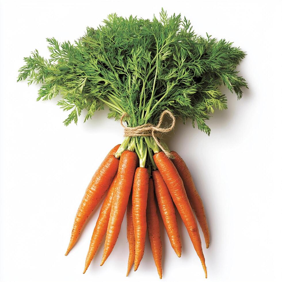 Create an image of a fresh bunch of carrots, isolated on a clean white background. Bunch of carrots photo