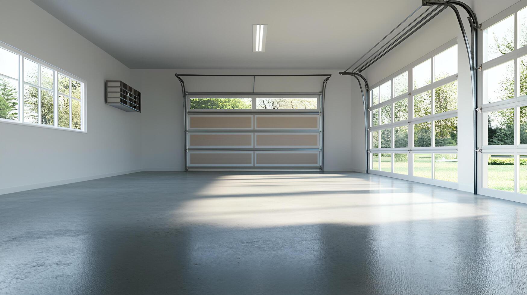 A realistic image of a spacious, empty garage with a clean, open layout. There are no vehicles or items inside. photo