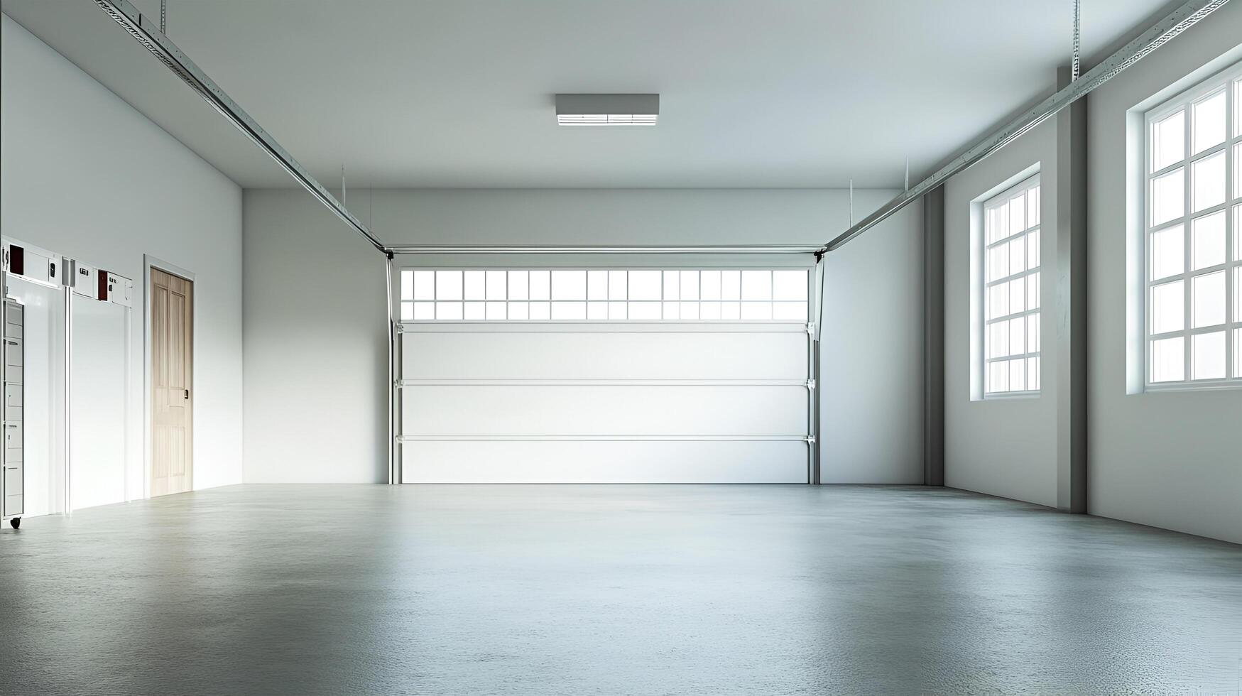 A realistic image of a spacious, empty garage with a clean, open layout. There are no vehicles or items inside. photo