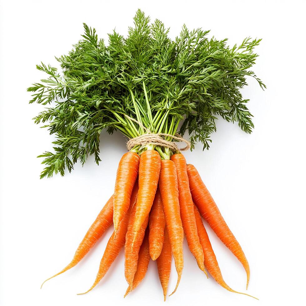 Create an image of a fresh bunch of carrots, isolated on a clean white background. Bunch of carrots photo
