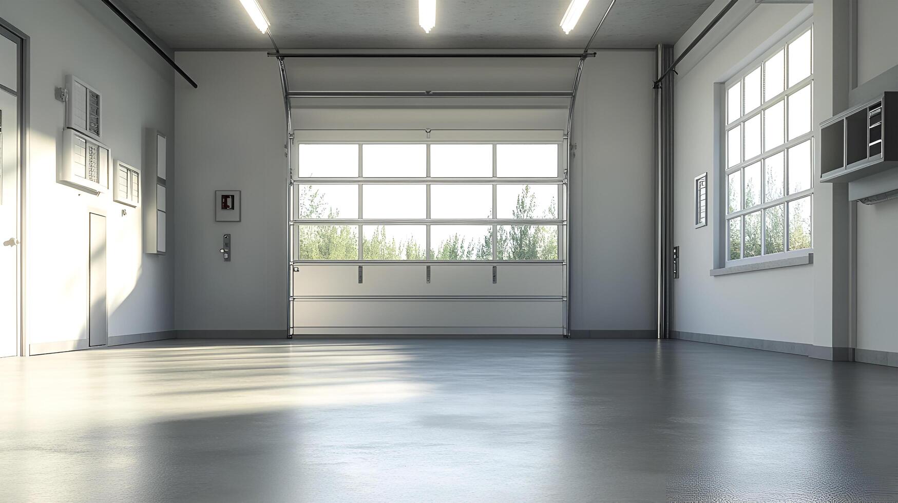 A realistic image of a spacious, empty garage with a clean, open layout. There are no vehicles or items inside. photo