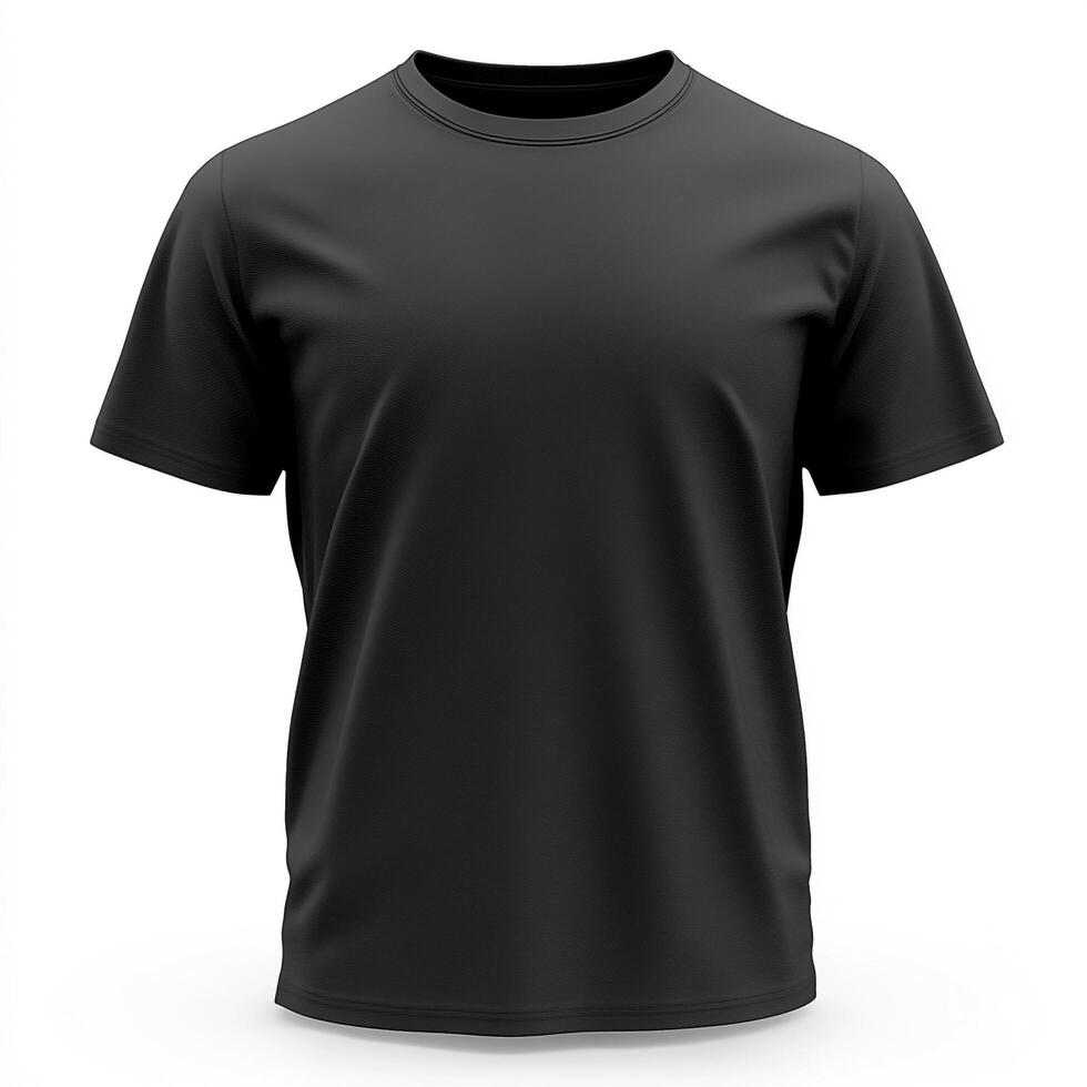 A realistic mockup of a black T-shirt displayed from the front view, isolated on a clean white background. The T-shirt features a classic. photo