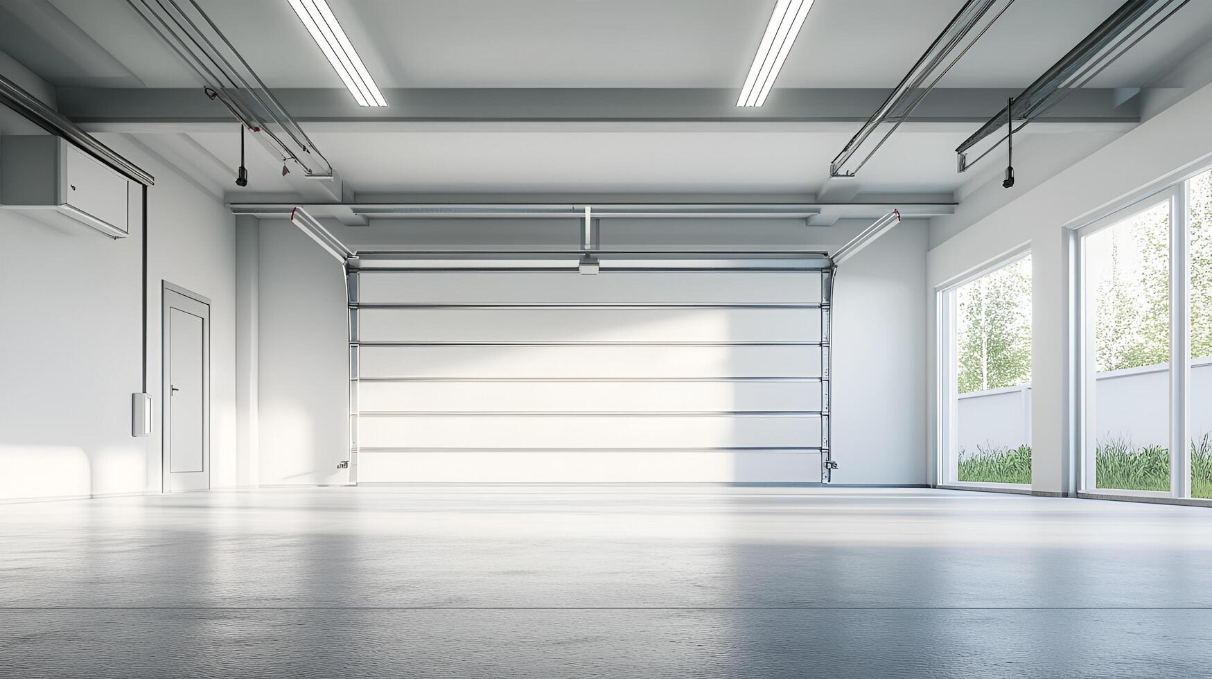 A realistic image of a spacious, empty garage with a clean, open layout. There are no vehicles or items inside. photo
