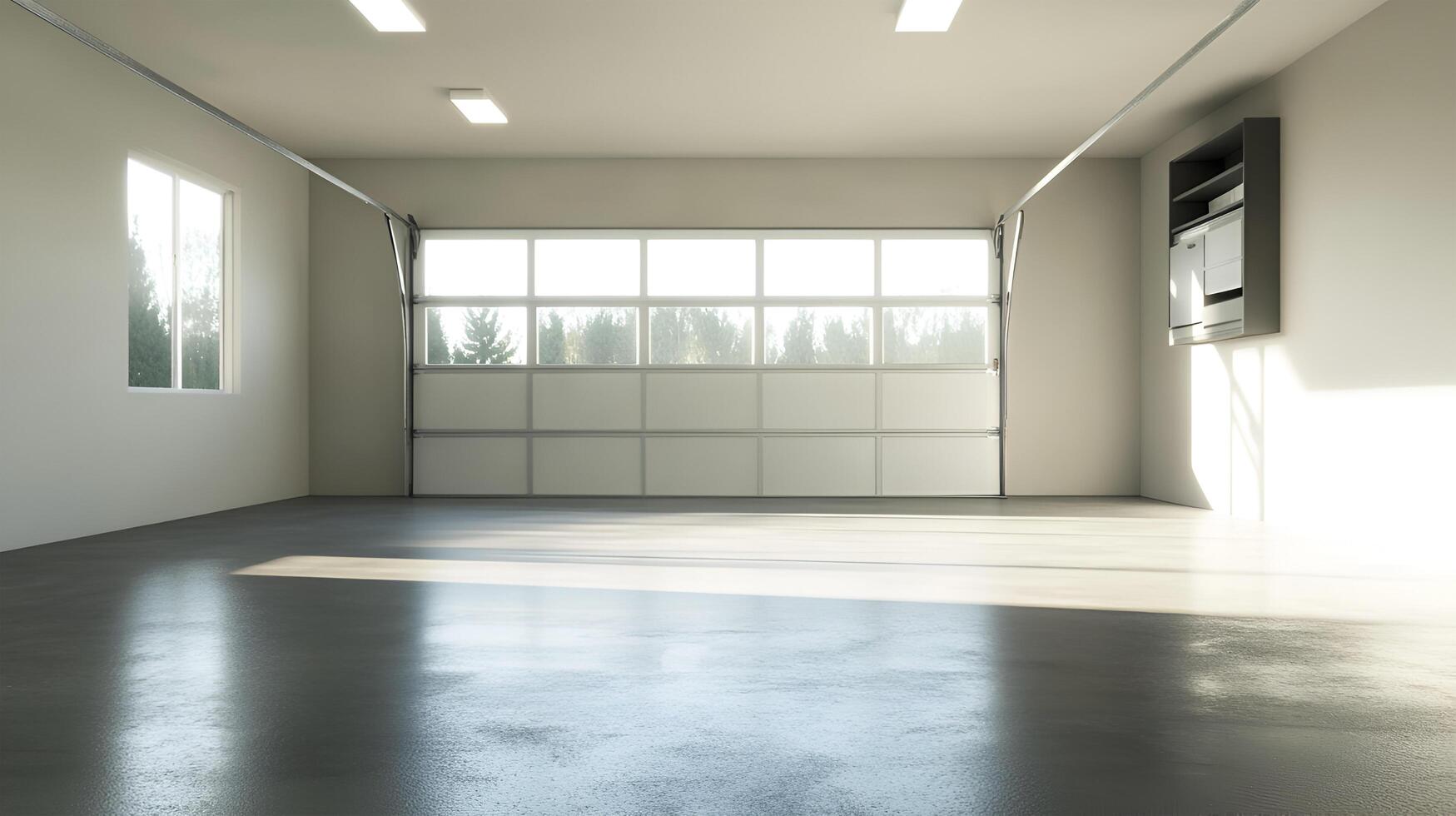 A realistic image of a spacious, empty garage with a clean, open layout. There are no vehicles or items inside. photo