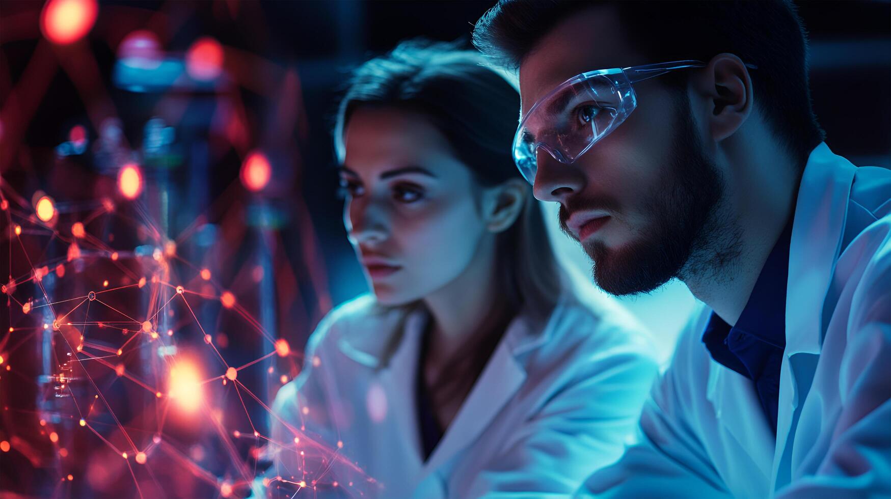 Modern office and communication network concept. Young man and woman in lab and global communication network concept. Management strategy. photo