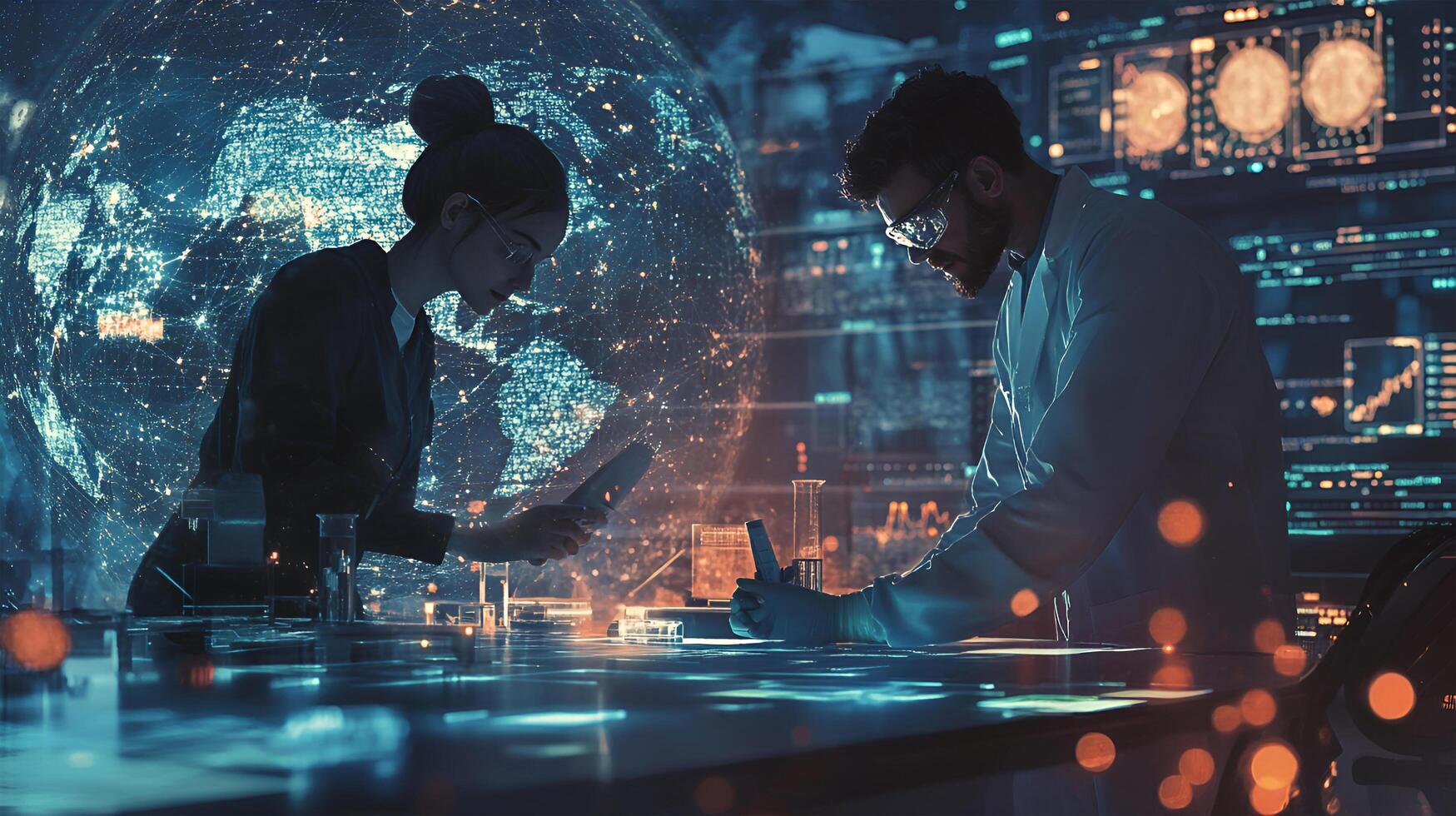 Modern office and communication network concept. Young man and woman in lab and global communication network concept. Management strategy. photo