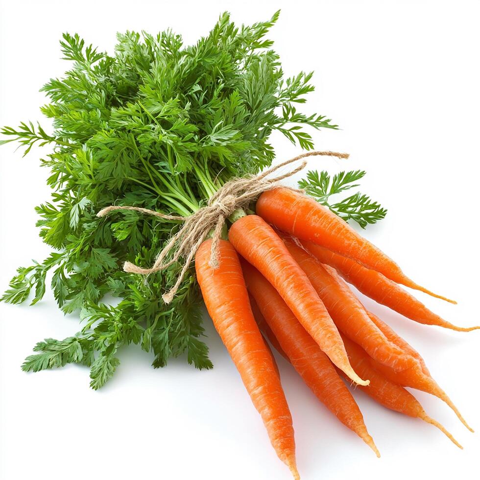 Create an image of a fresh bunch of carrots, isolated on a clean white background. Bunch of carrots photo