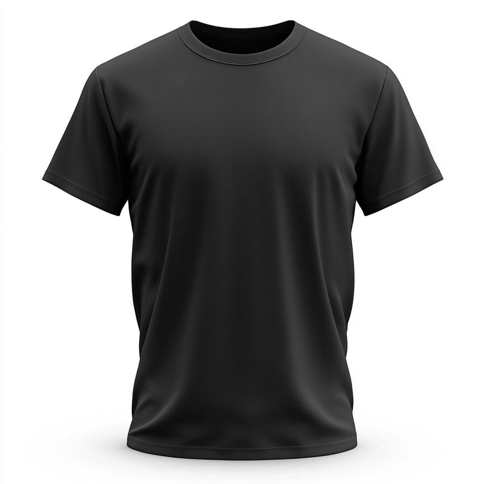 A realistic mockup of a black T-shirt displayed from the front view, isolated on a clean white background. The T-shirt features a classic. photo