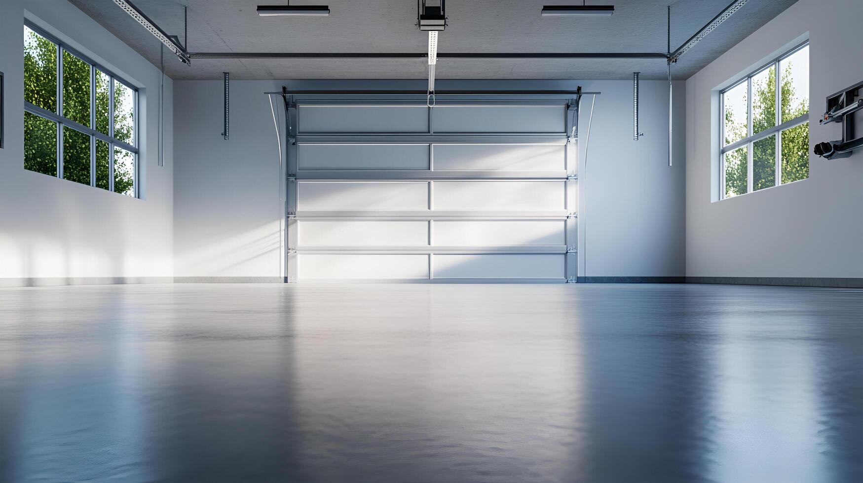A realistic image of a spacious, empty garage with a clean, open layout. There are no vehicles or items inside. photo