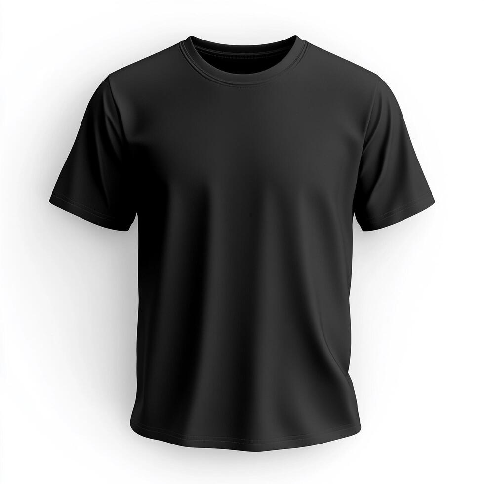 A realistic mockup of a black T-shirt displayed from the front view, isolated on a clean white background. The T-shirt features a classic. photo