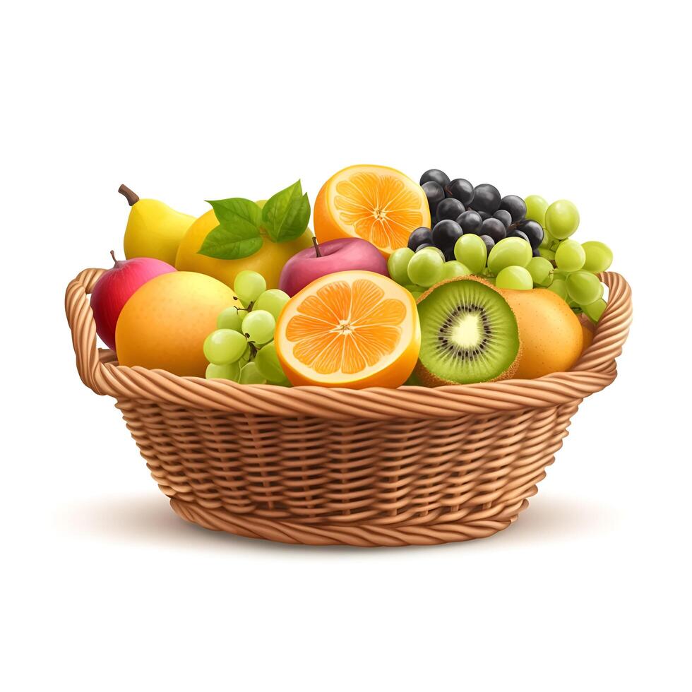 Wicker Realistic Fruits Basket On Side View isolated white background photo