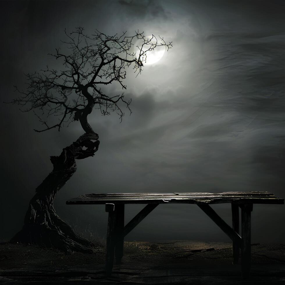 Dark spooky night Halloween, Old wood table and silhouette dead tree at night or Halloween Landscape- And Spooky Night. Halloween scene horror background. Happy Halloween background with moon and sky photo