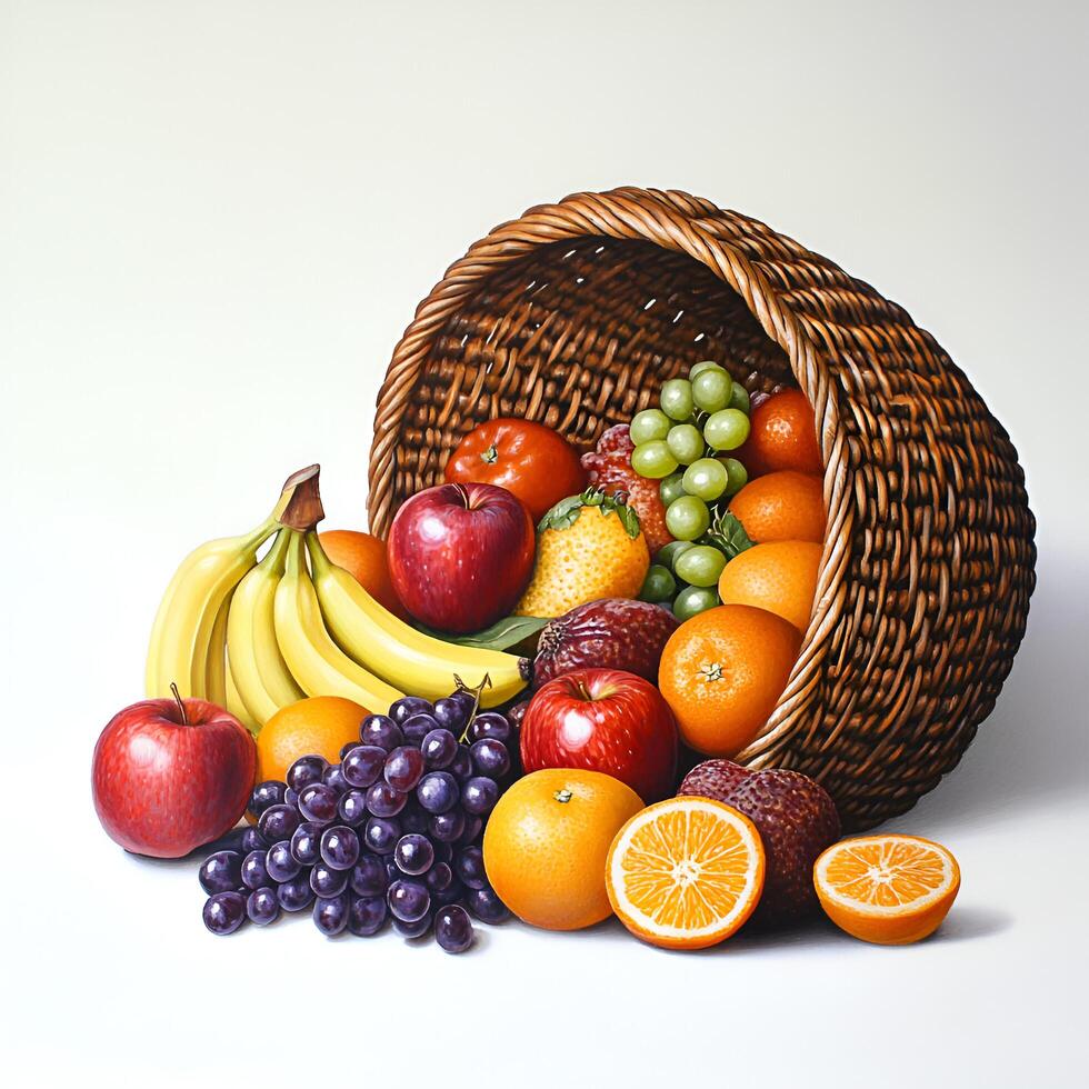 Wicker Realistic Fruits Basket On Side View isolated white background photo