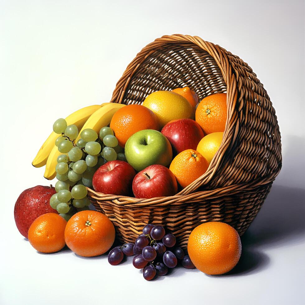 Wicker Realistic Fruits Basket On Side View isolated white background photo