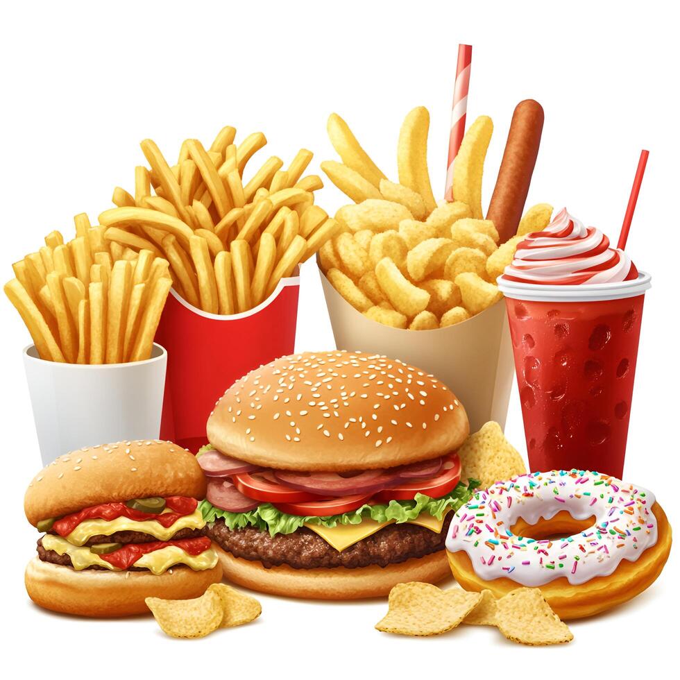 A variety of fast food and junk food items displayed together on a clean white background. The assortment includes a juicy cheeseburger with melted cheese and fresh toppings. photo