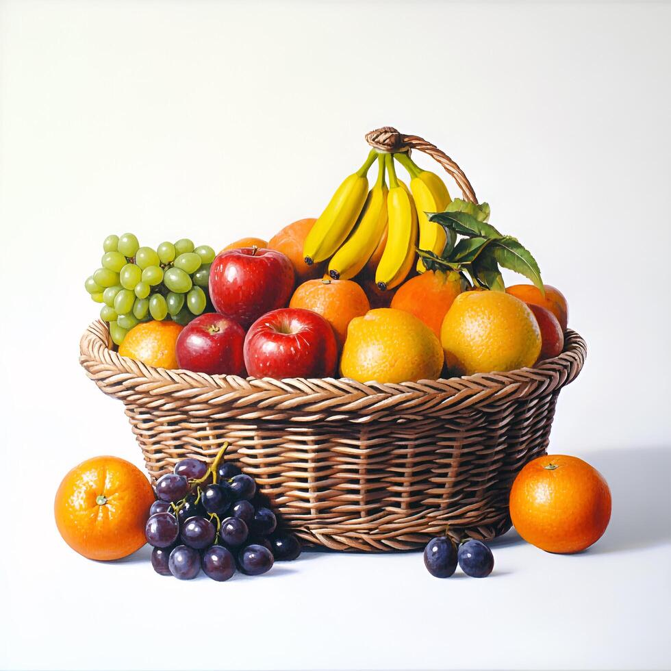 Wicker Realistic Fruits Basket On Side View isolated white background photo