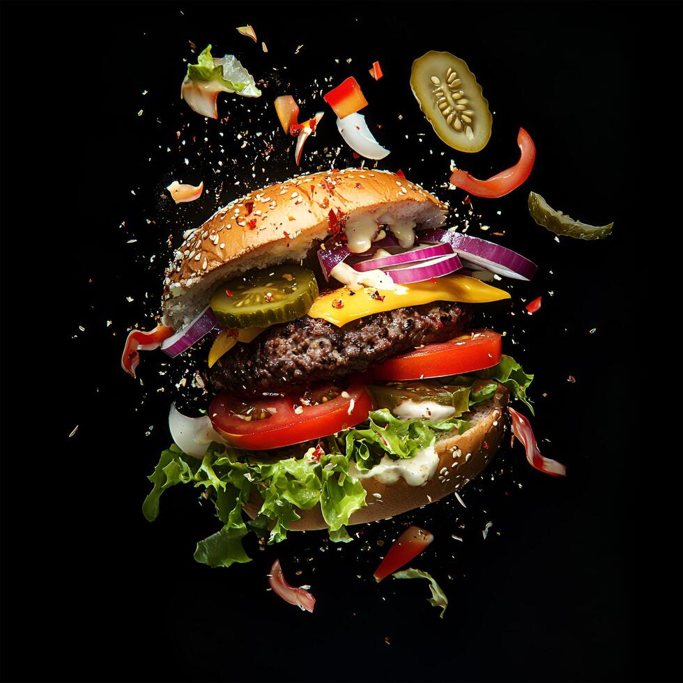 An explosive, dynamic image of a burger bursting apart against a black background. The burger features a juicy beef patty, layers of melted cheese, all flying outward from the center of the explosion. photo