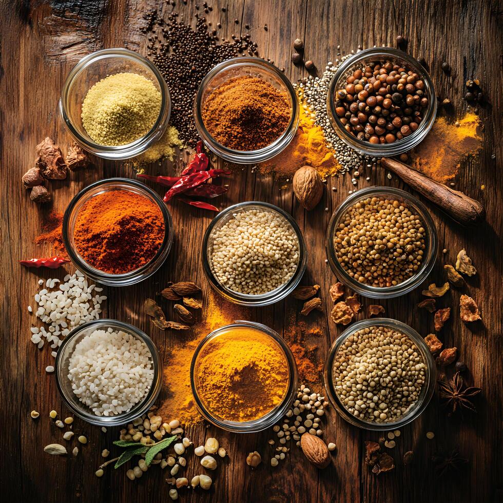 Healthy different types of masala, spices placed on wooden table. photo