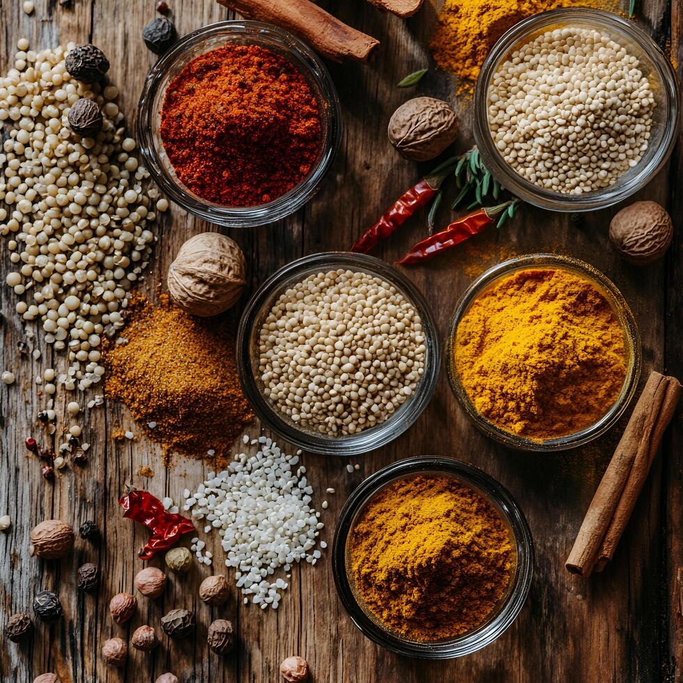Healthy different types of masala, spices placed on wooden table. photo