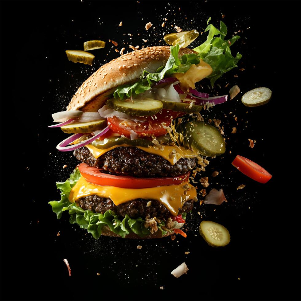 An explosive, dynamic image of a burger bursting apart against a black background. The burger features a juicy beef patty, layers of melted cheese, all flying outward from the center of the explosion. photo