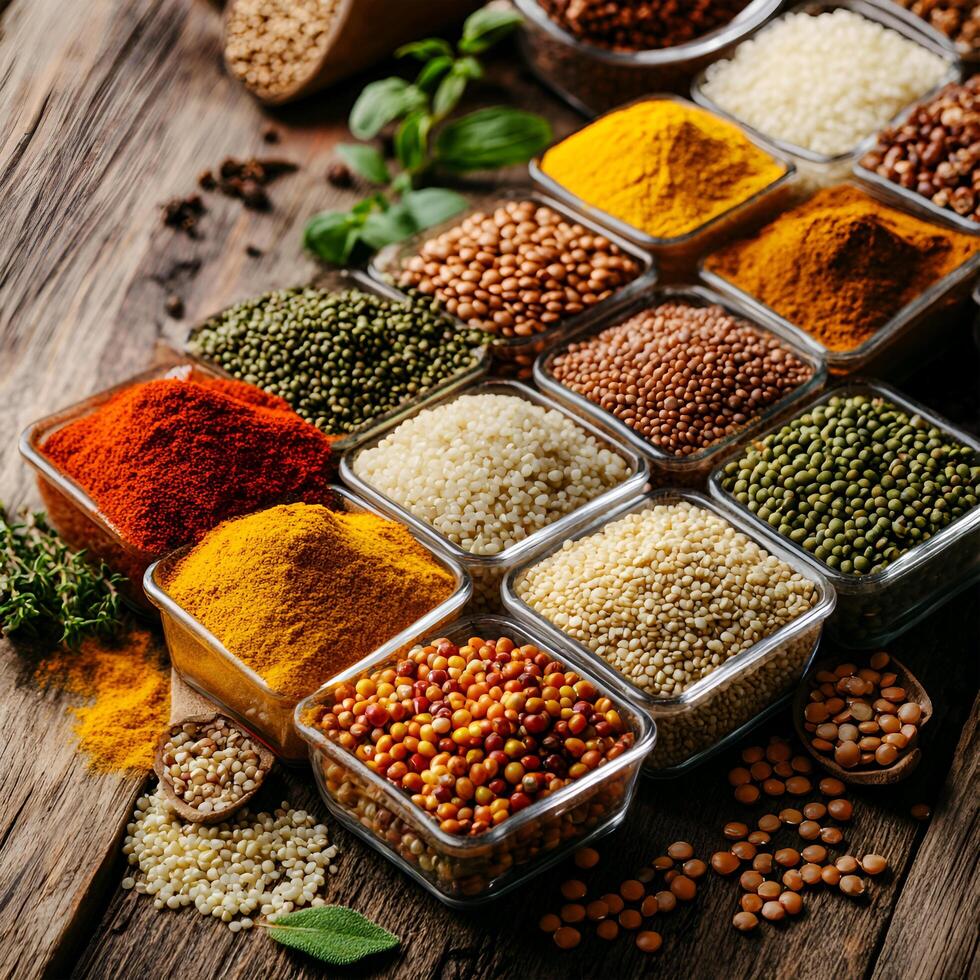 Healthy different types of masala, spices placed on wooden table. photo