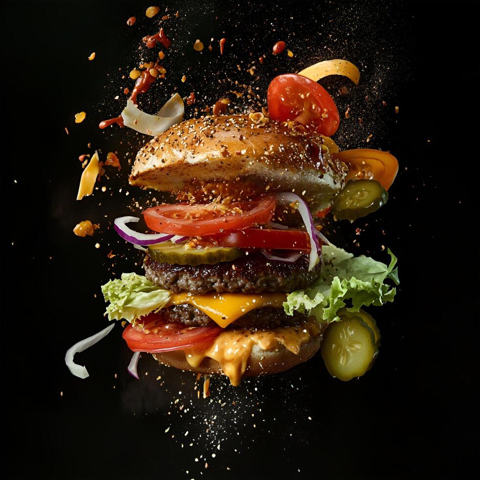 An explosive, dynamic image of a burger bursting apart against a black background. The burger features a juicy beef patty, layers of melted cheese, all flying outward from the center of the explosion. photo