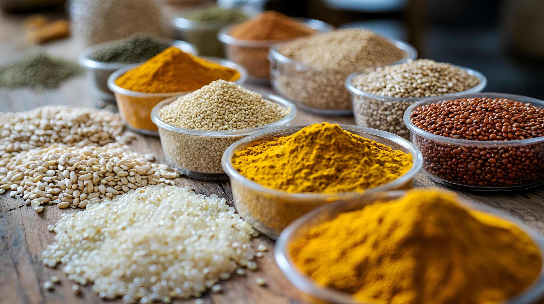 Healthy different types of masala, spices placed on wooden table. photo