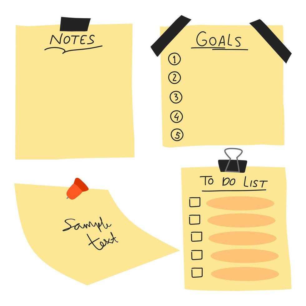 Hand drawn memo paper sheets with black masking tape for daily planner, notes, goals, to do list, reminder. Pen scribbles on memo paper. vector