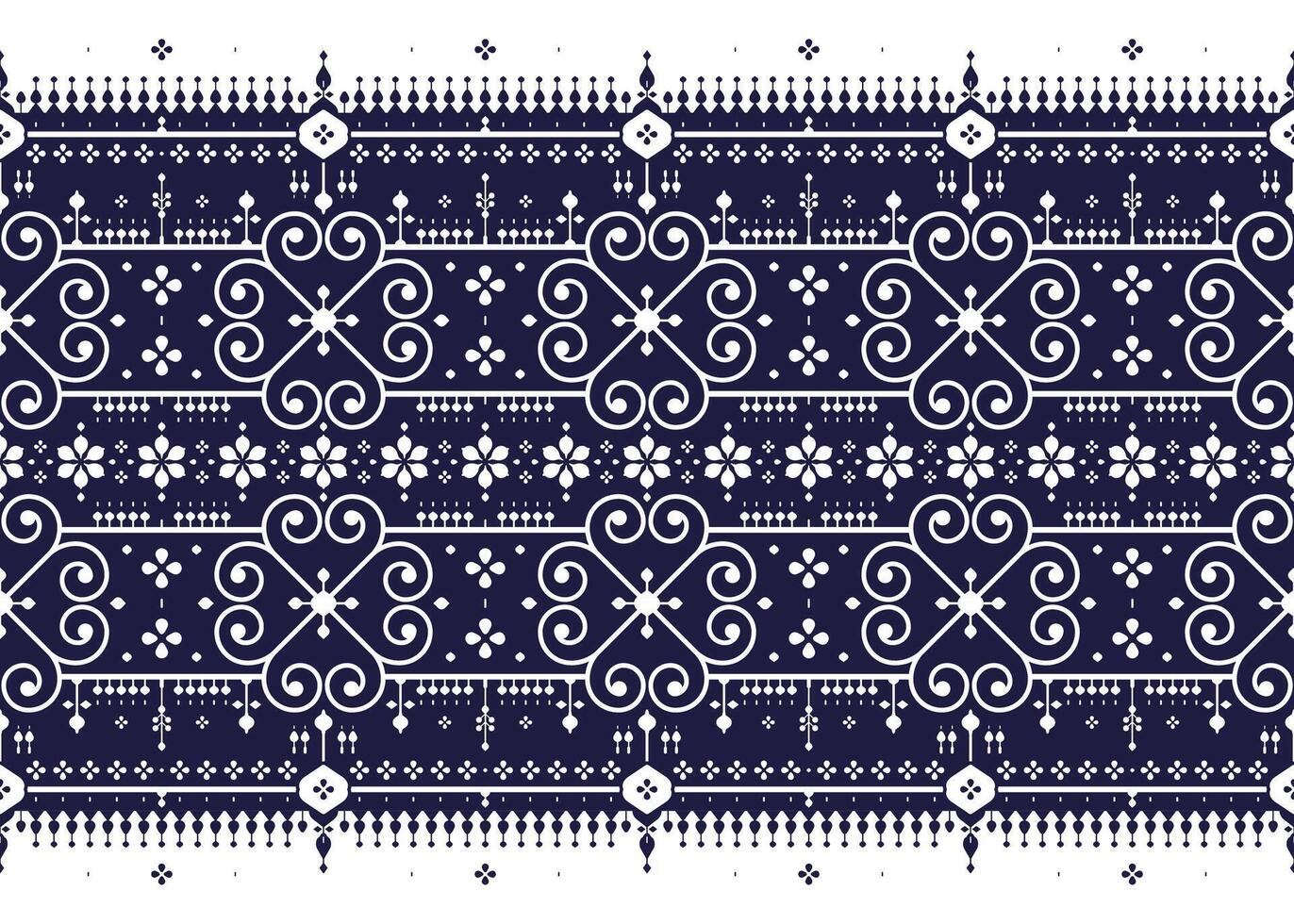 White geometric ethnic fabric seamless pattern on dark blue background, design for cloth, carpet, batik, wallpaper, wrapping etc. vector