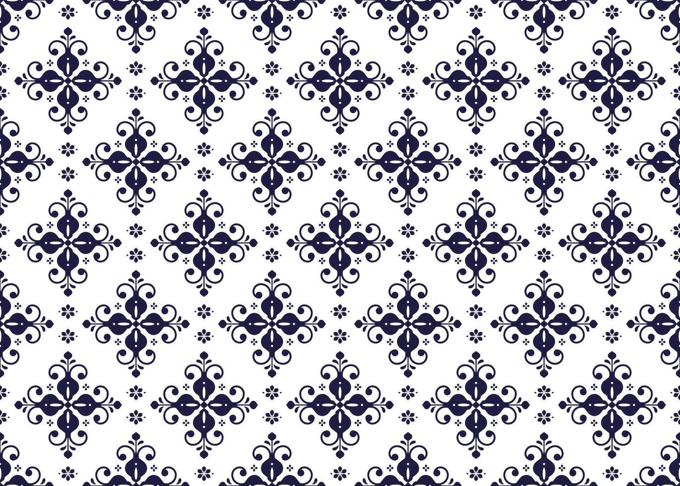 dark blue symbol floral on White background, ethnic fabric seamless pattern, design for cloth, carpet, batik, wallpaper, wrapping etc. vector