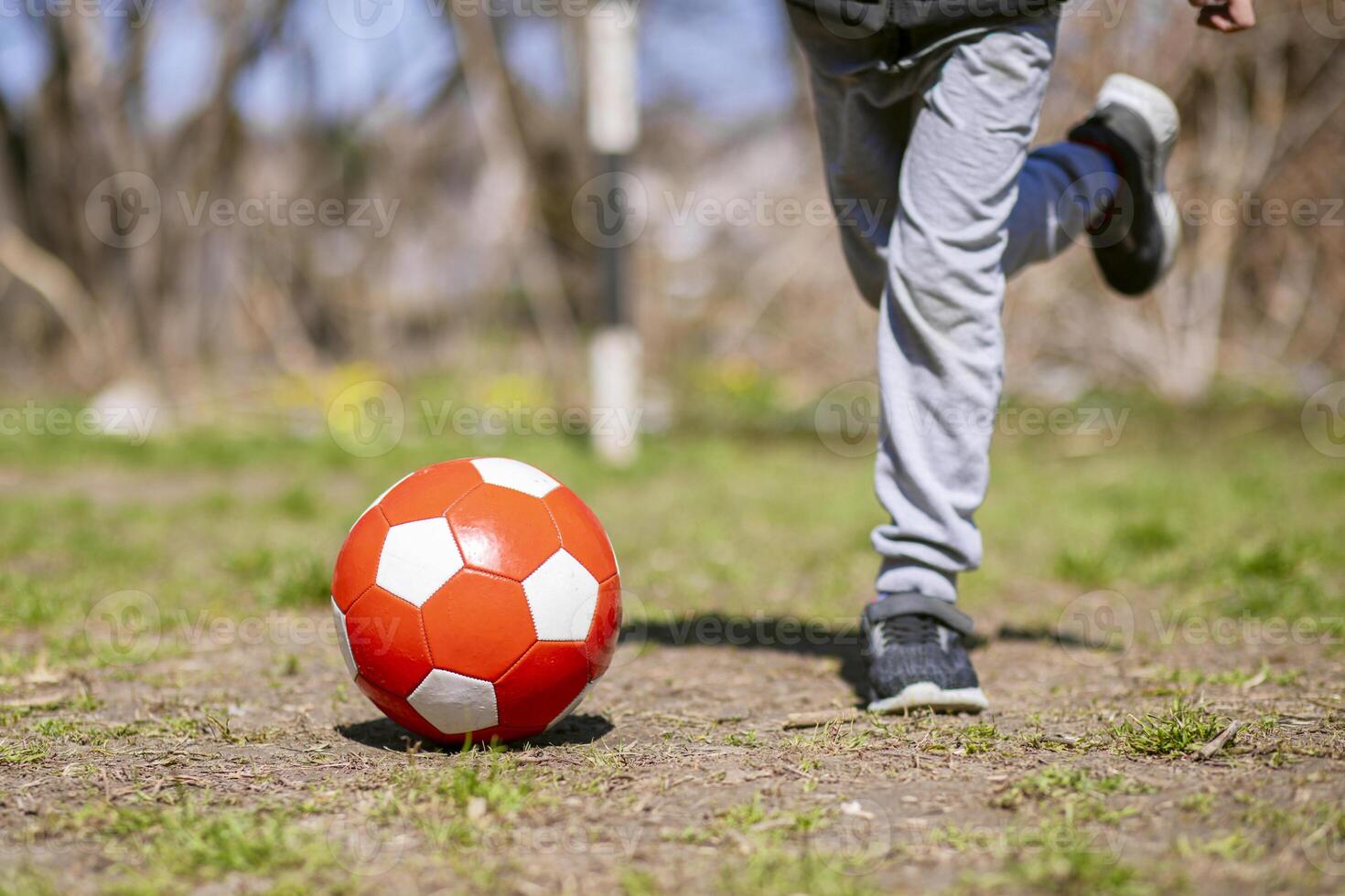 Boy is playing with soccer ball on footballs field in the park. Kids activities photo