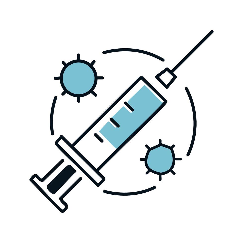 syringe with corona virus icon over white background, half line half color style illustration vector